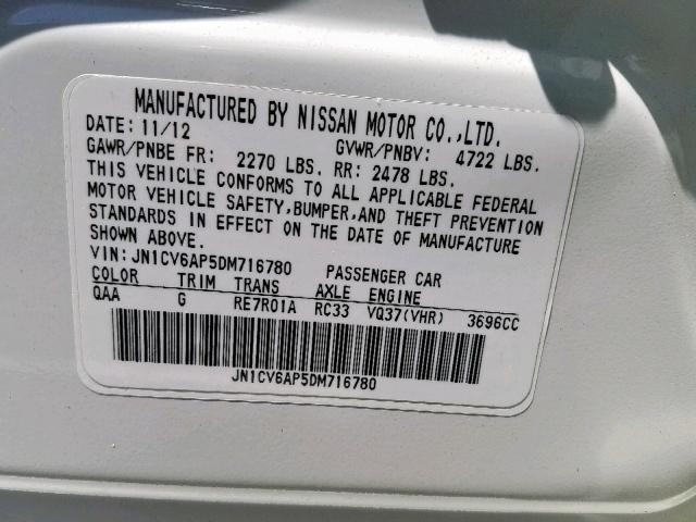 JN1CV6AP5DM716780 - 2013 INFINITI G37 BASE WHITE photo 10