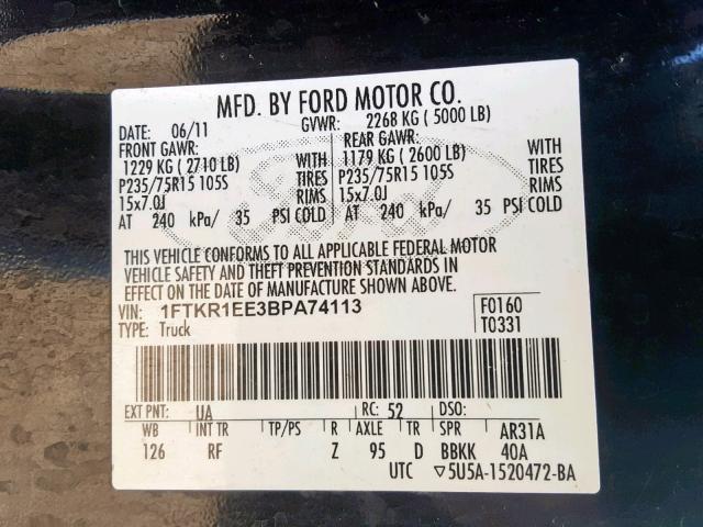 1FTKR1EE3BPA74113 - 2011 FORD RANGER SUP BLACK photo 10