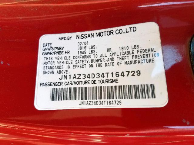 JN1AZ34D34T164729 - 2004 NISSAN 350Z COUPE RED photo 10