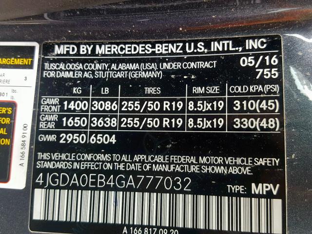 4JGDA0EB4GA777032 - 2016 MERCEDES-BENZ GLE 300D 4 GRAY photo 10