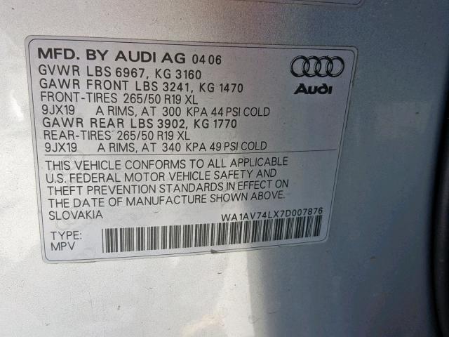 WA1AV74LX7D007876 - 2007 AUDI Q7 4.2 QUA SILVER photo 10