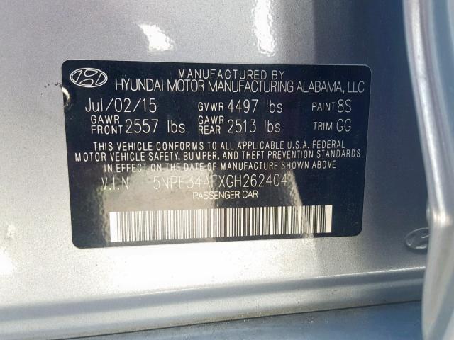 5NPE34AFXGH262404 - 2016 HYUNDAI SONATA SPO SILVER photo 10