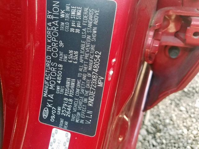 KNDJE723X87480542 - 2008 KIA SPORTAGE E RED photo 10