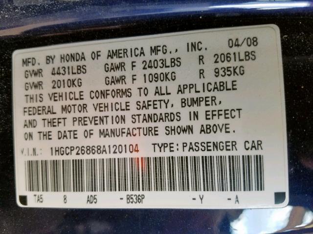 1HGCP26868A120104 - 2008 HONDA ACCORD EXL BLUE photo 10