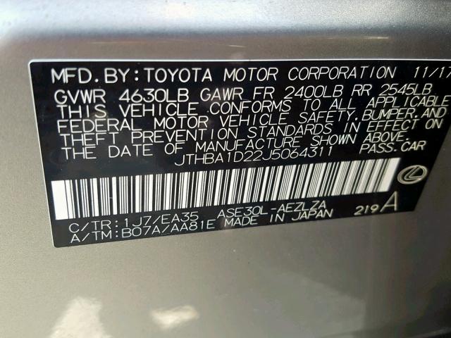 JTHBA1D22J5064311 - 2018 LEXUS IS 300 GRAY photo 10