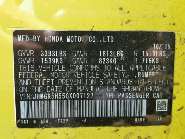 JHMGK5H55GX007127 - 2016 HONDA FIT LX YELLOW photo 10