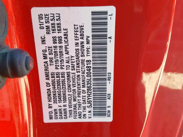 5J6YH28635L004818 - 2005 HONDA ELEMENT EX RED photo 10