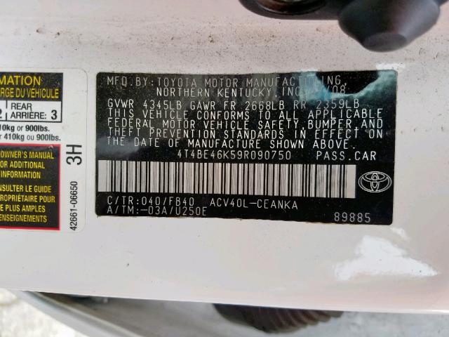 4T4BE46K59R090750 - 2009 TOYOTA CAMRY BASE WHITE photo 10
