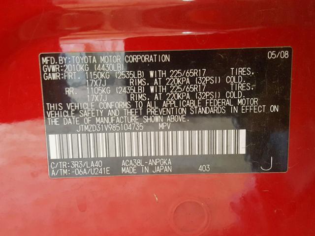 JTMZD31V985104735 - 2008 TOYOTA RAV4 LIMIT RED photo 10