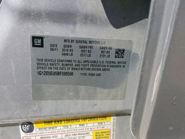 1G1ZE5EU5BF396596 - 2011 CHEVROLET MALIBU LTZ ვერცხლისფერი ფოტო 10