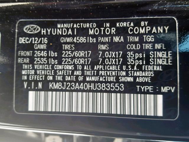 KM8J23A40HU383553 - 2017 HYUNDAI TUCSON SE BLACK photo 10