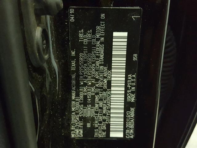 5TFFY5F15AX092361 - 2010 TOYOTA TUNDRA CRE BLACK photo 10