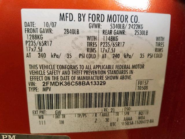 2FMDK36C58BA13329 - 2008 FORD EDGE SE ORANGE photo 10