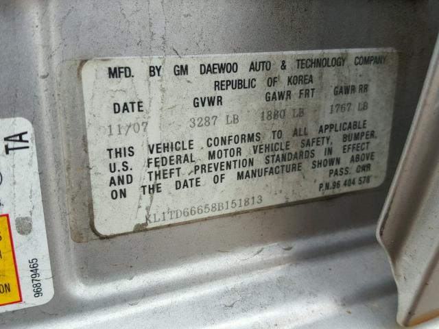 KL1TD66658B151813 - 2008 CHEVROLET AVEO BASE Күміс фото 10