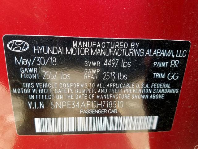 5NPE34AF1JH718510 - 2018 HYUNDAI SONATA SPO RED photo 10