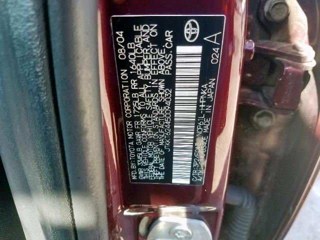 JTKKT624450094032 - 2005 TOYOTA SCION XA MAROON photo 10