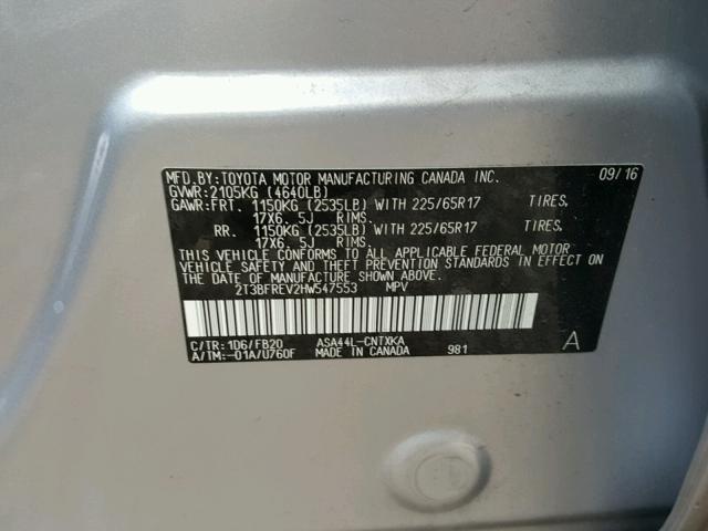 2T3BFREV2HW547553 - 2017 TOYOTA RAV4 LE SILVER photo 10