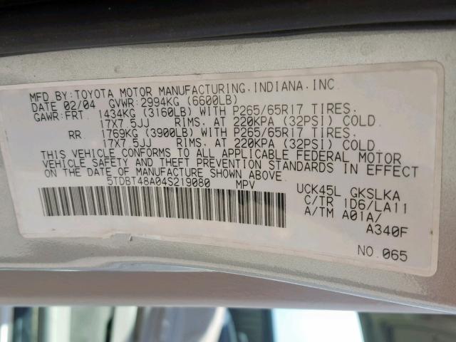 5TDBT48A04S219080 - 2004 TOYOTA SEQUOIA LI SILVER photo 10