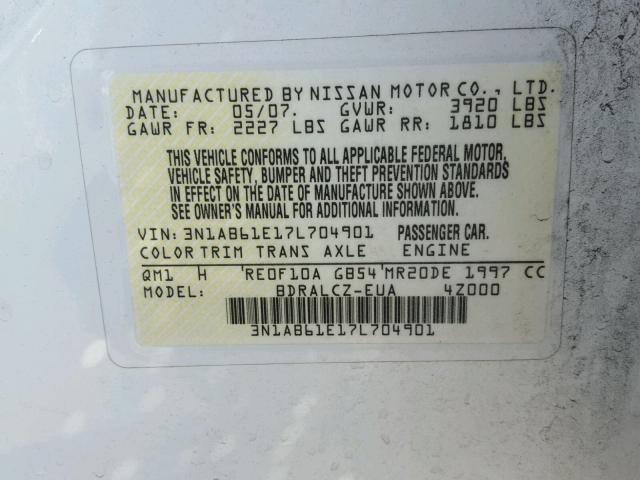 3N1AB61E17L704901 - 2007 NISSAN SENTRA 2.0 WHITE photo 10