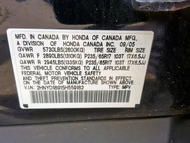 2HNYD18915H559182 - 2005 ACURA MDX TOURIN BLACK photo 10