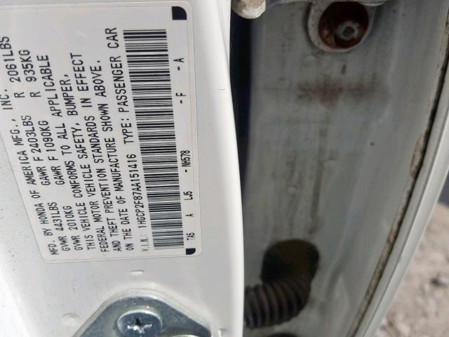 1HGCP2F87AA151416 - 2010 HONDA ACCORD EXL WHITE photo 10