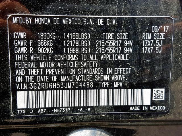 3CZRU6H53JM704488 - 2018 HONDA HR-V EX BLACK photo 10