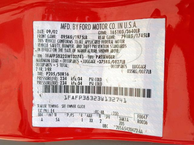 1FAFP38323W132741 - 2003 FORD FOCUS ZTS RED photo 10