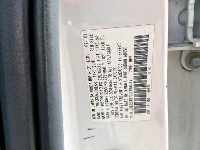 JHLRE48737C056317 - 2007 HONDA CR-V EXL WHITE photo 10