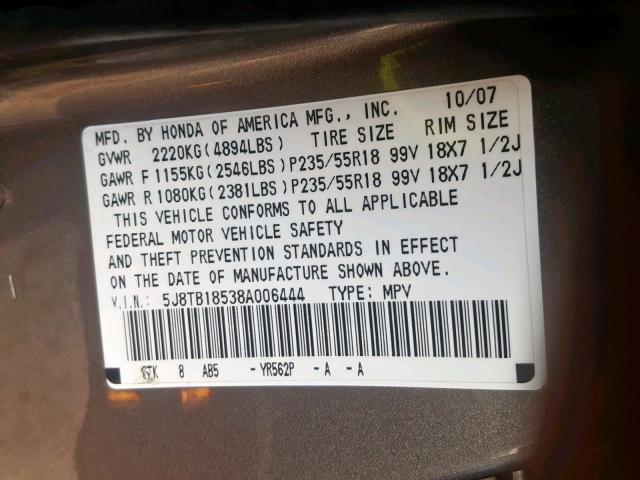 5J8TB18538A006444 - 2008 ACURA RDX TECHNO BROWN photo 10