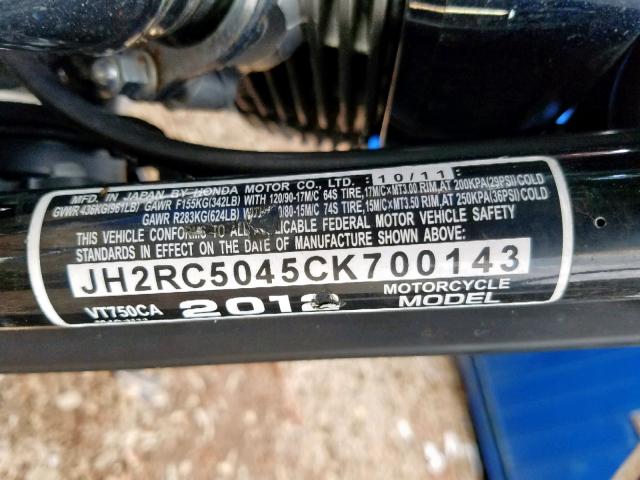 JH2RC5045CK700143 - 2012 HONDA VT750 CA BLACK photo 10