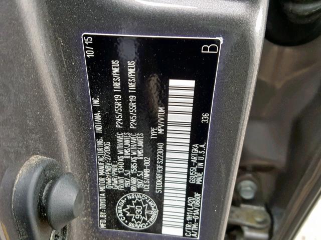 5TDDKRFH3FS223040 - 2015 TOYOTA HIGHLANDER GRAY photo 10