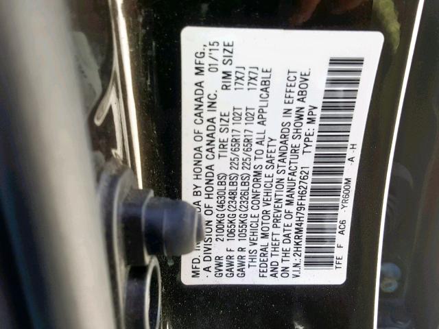 2HKRM4H79FH627621 - 2015 HONDA CR-V EXL BLACK photo 10