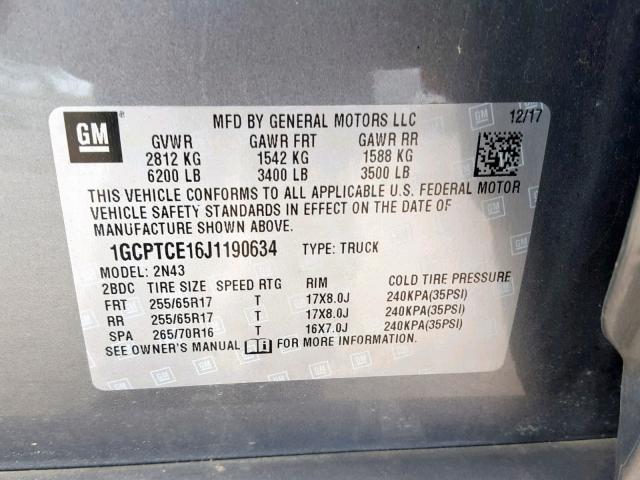 1GCPTCE16J1190634 - 2018 CHEVROLET COLORADO L GRAY photo 10