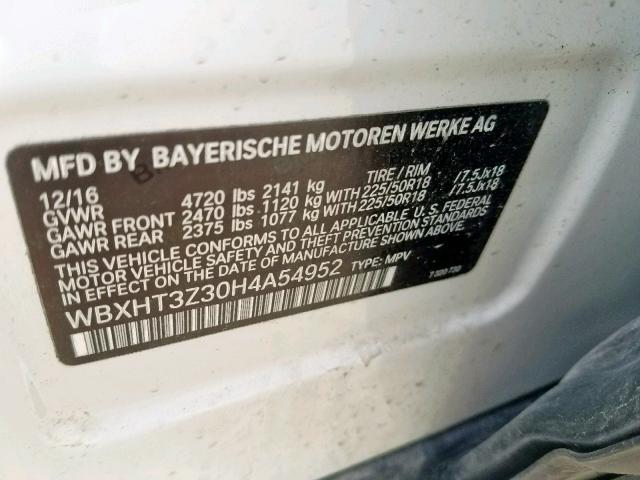 WBXHT3Z30H4A54952 - 2017 BMW X1 XDRIVE2 WHITE photo 10