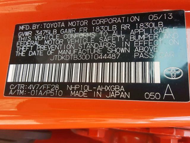 JTDKDTB30D1044487 - 2013 TOYOTA PRIUS C ORANGE photo 10