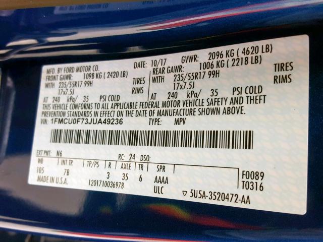 1FMCU0F73JUA49236 - 2018 FORD ESCAPE S BLUE photo 10