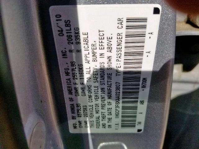 1HGCP3F8XAA023807 - 2010 HONDA ACCORD EXL SILVER photo 10