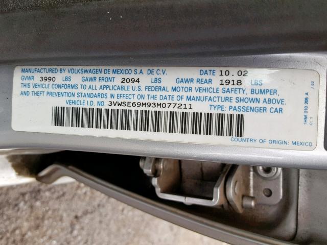 3VWSE69M93M077211 - 2003 VOLKSWAGEN JETTA GLS SILVER photo 10