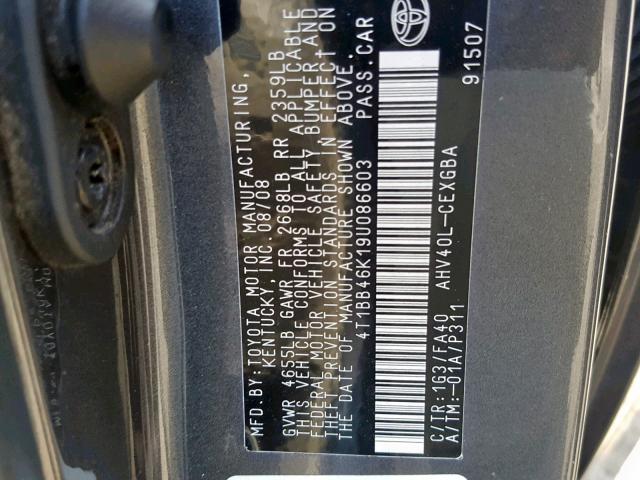 4T1BB46K19U086603 - 2009 TOYOTA CAMRY HYBR GRAY photo 10