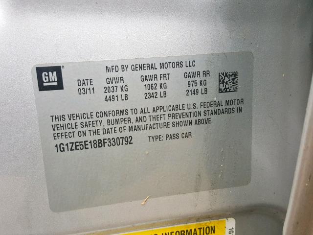 1G1ZE5E18BF330792 - 2011 CHEVROLET MALIBU LTZ 银色 照片 10