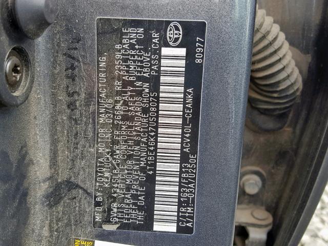 4T1BE46K47U508075 - 2007 TOYOTA CAMRY NEW SILVER photo 10