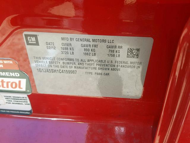 1G1JA5SH1C4159987 - 2012 CHEVROLET SONIC LS RED photo 10