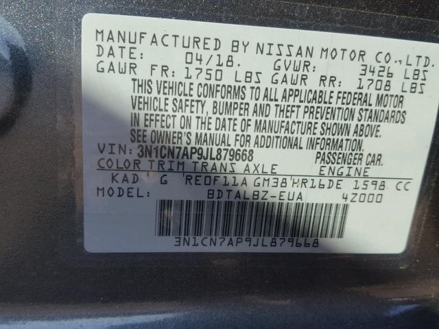 3N1CN7AP9JL879668 - 2018 NISSAN VERSA S GRAY photo 10