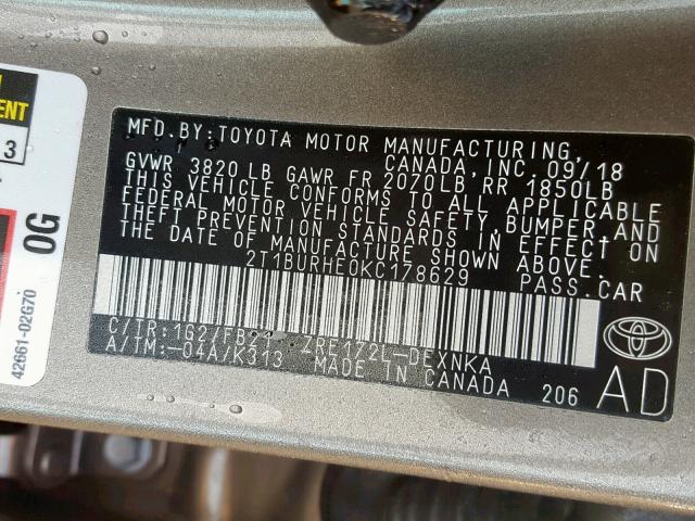 2T1BURHE0KC178629 - 2019 TOYOTA COROLLA L GRAY photo 10