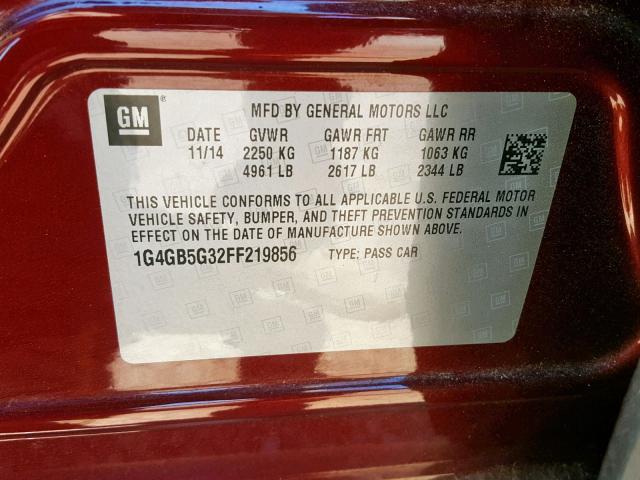 1G4GB5G32FF219856 - 2015 BUICK LACROSSE BURGUNDY photo 10