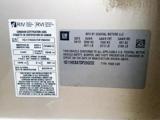 1G11H5SA7DF290202 - 2013 CHEVROLET MALIBU LTZ ბეჟი ფოტო 10