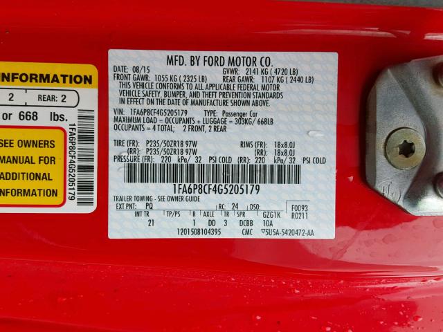 1FA6P8CF4G5205179 - 2016 FORD MUSTANG GT RED photo 10