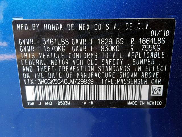 3HGGK5G40JM729839 - 2018 HONDA FIT LX BLUE photo 10