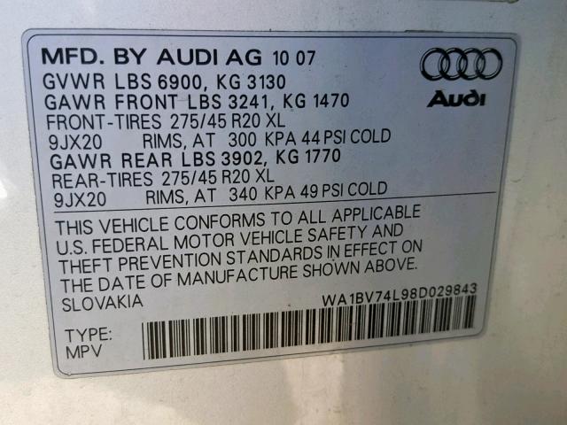 WA1BV74L98D029843 - 2008 AUDI Q7 4.2 QUA SILVER photo 10