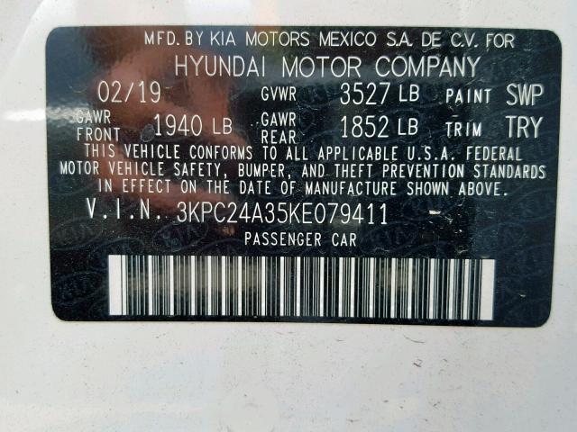 3KPC24A35KE079411 - 2019 HYUNDAI ACCENT SE WHITE photo 10